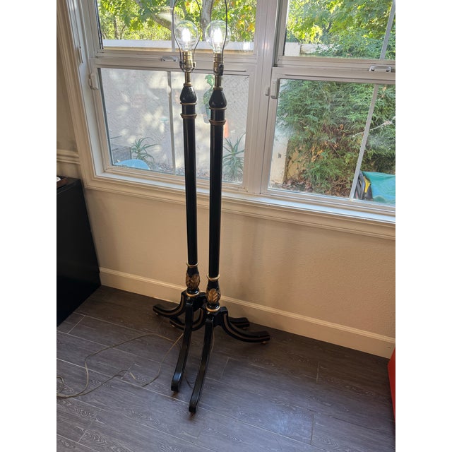 Vintage, Neoclassical Ebonized & Gilt Tripod Floor Lamps Pair For Sale - Image 11 of 12