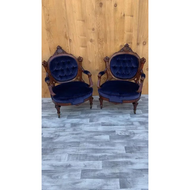 Wood Antique Victorian Eastlake Carved His/Her Tufted Chairs Newly Reupholstered in Blue Velvet - Pair For Sale - Image 7 of 13