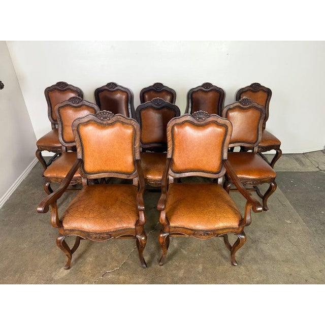 French Set of Ten French Carved Wood Dining Chairs With Leather Upholstery For Sale - Image 3 of 18