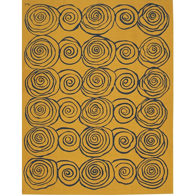 6x9 Stylish Iris Goldenrod Kilim Fluid Spirals Modern Handwoven Wool Carpet Rug For Sale In New York - Image 6 of 7