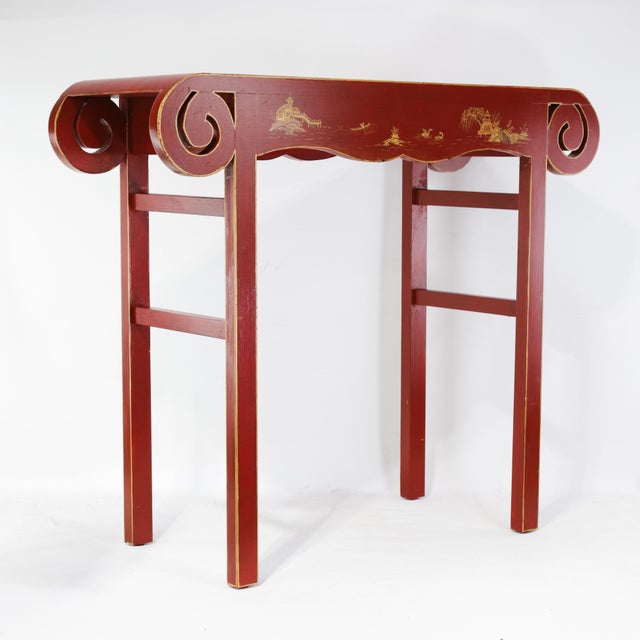 Vintage Chinese Red Lacquer Console Table With Gilt Landscape Scenery and Scroll Ends For Sale - Image 4 of 18