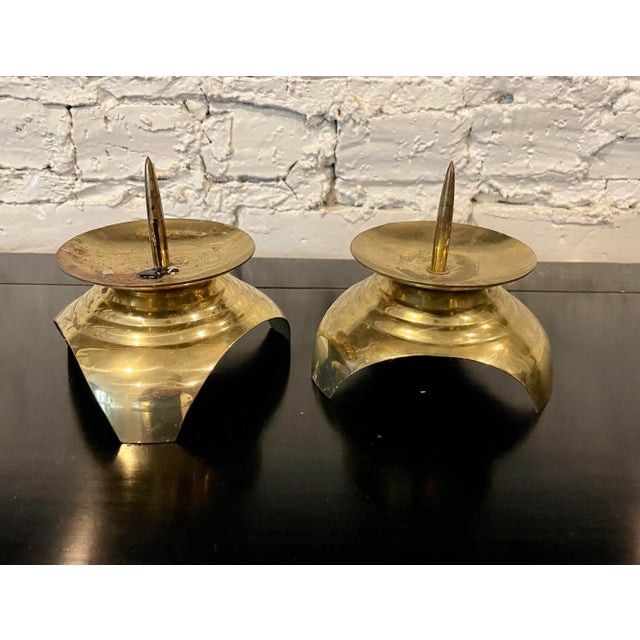 Metal 1980s Post Modern Japanese Brass Candle Holders- a Pair For Sale - Image 7 of 9
