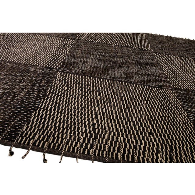 Textile Black Modern Moroccan Style Handmade Check Flecked Motif Oversize Wool Rug For Sale - Image 7 of 11