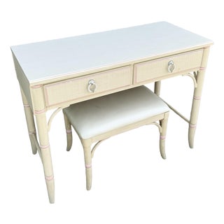 Vintage Coastal Pink and Cream Faux Bamboo Writing Desk With Low Stool by Thomasville For Sale