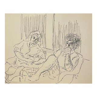 1976 Figures in an Interior Drawing by Hayward Cirker For Sale