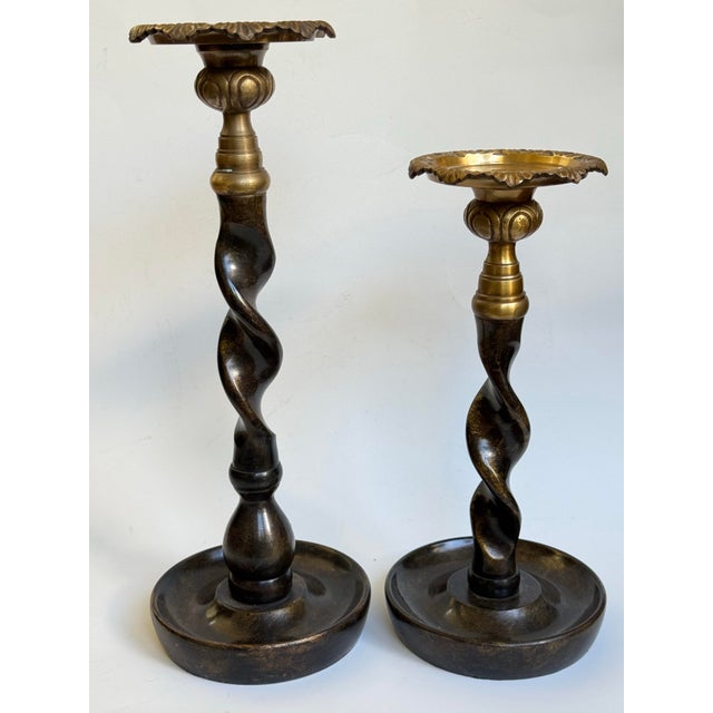 Hollywood Regency Pair of Late 20th C. Brass & Bronze Barley Twist Candle Holders Attributed to Maitland-Smith For Sale - Image 3 of 6