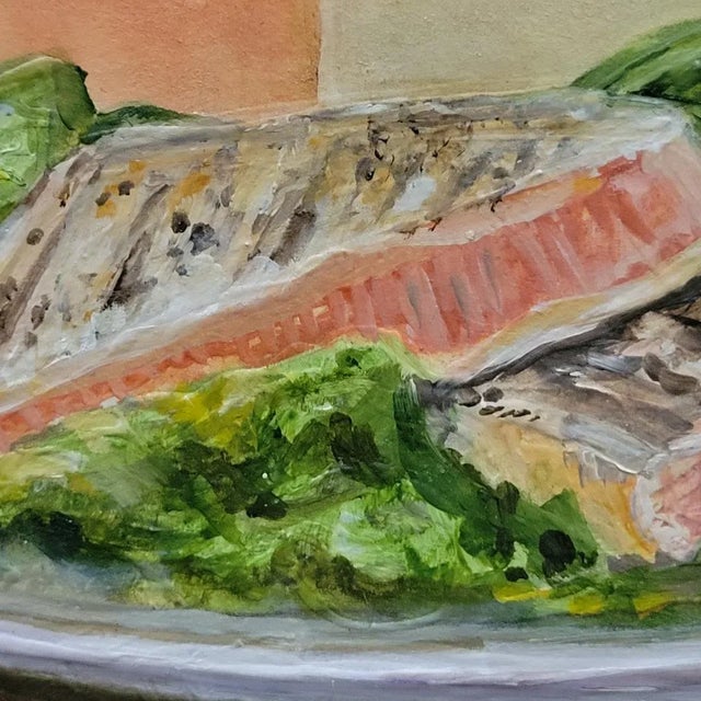 Paint Still Life of Salmon and Wine Dinner Oil on Panel For Sale - Image 7 of 7
