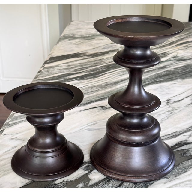 Pottery Barn Vintage Pottery Barn Turned Wood Pillar Candle Holders - A Pair For Sale - Image 4 of 11