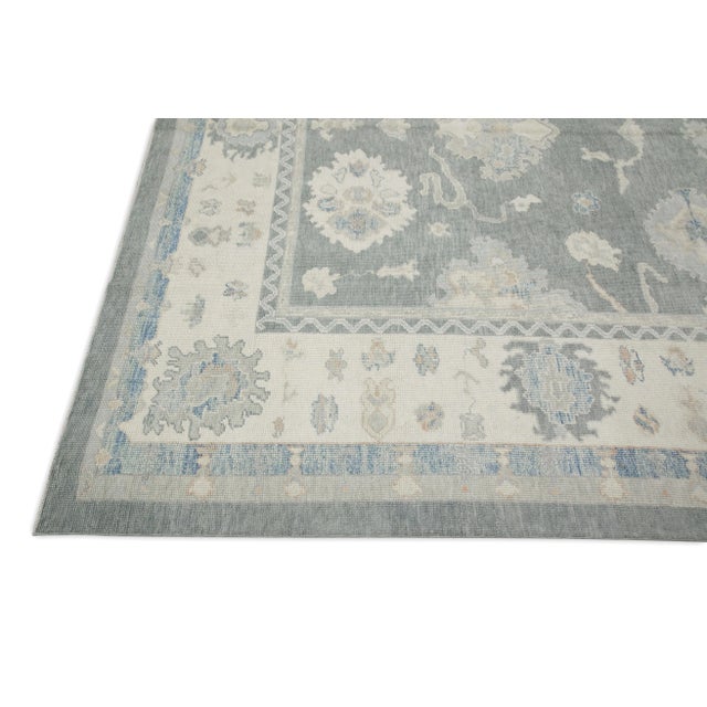 Modern Early 21st Century Gray Floral Design Handwoven Wool Turkish Oushak Rug 9'1" X 11'9" For Sale - Image 3 of 8
