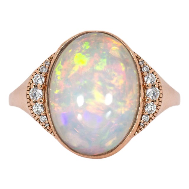 7.11cts Ethiopian Opal W Natural Diamond Accents Ring in 14k Solid Gold |17x13mm For Sale