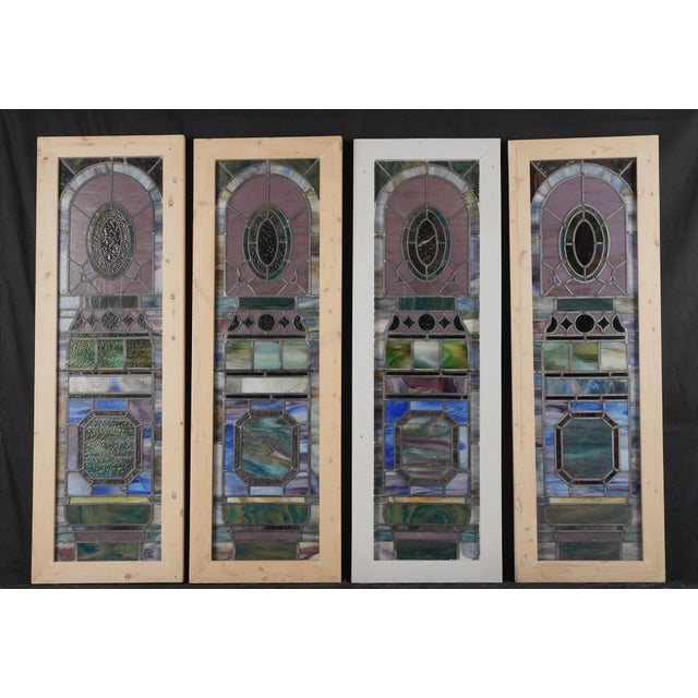 Emerald Set of Gothic Wood Framed Leaded Stained Glass Windows For Sale - Image 8 of 10