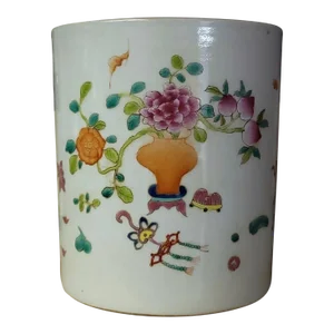 Antique 19th Century Chinese Famille Rose Porcelain Brush Pot Decorated With Flowers and Altar Fruit