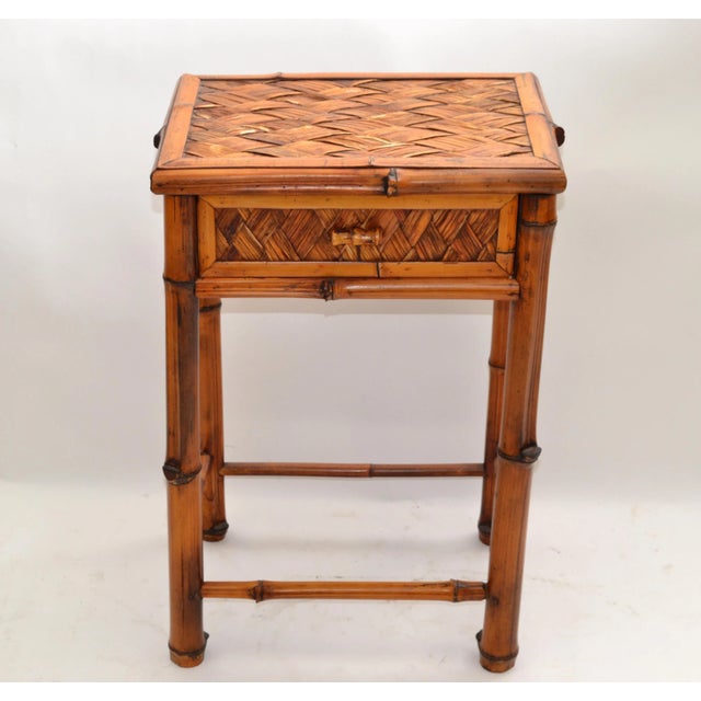 Vintage Bohemian Handcrafted Mid-Century Modern Bamboo & Rattan Side Table With Drawer For Sale - Image 12 of 13