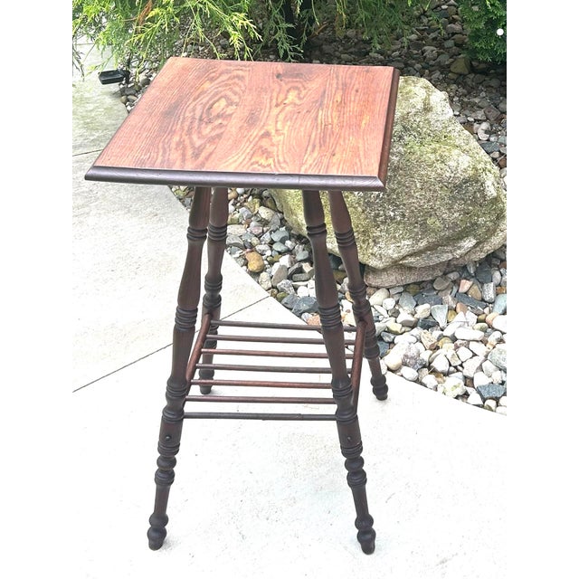 Victorian Antique, Dark Oak, Victorian-Style, Accent Table With Spool-Turned Legs and a Slatted Shelf, 1890’s For Sale - Image 3 of 12