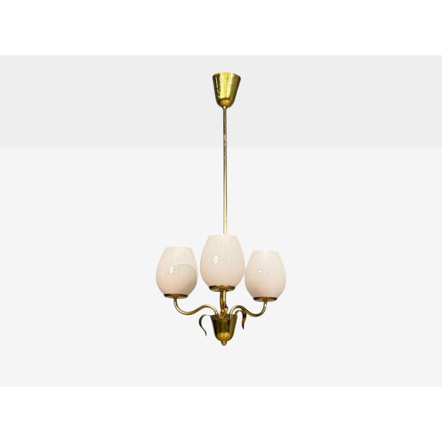 Mid-Century Modern 1950s Idman, Finnish Modern, Pendant Light, Brass, Pink Tinted Glass For Sale - Image 3 of 14