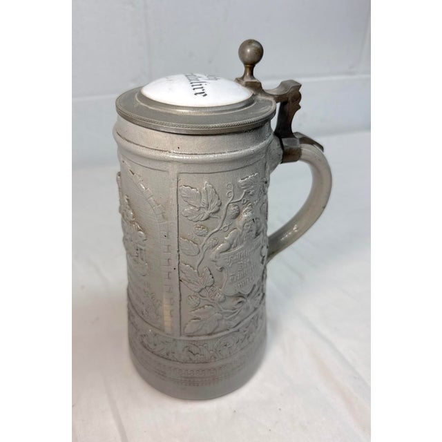 19th Century Large Antique 1800's German Pottery Porcelain Pewter Lidded Beer Stein Mug For Sale - Image 5 of 13