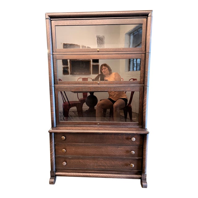 Early 1900's Refurbished Oak Stacked Barrister Bookcase With Drawers in Base For Sale