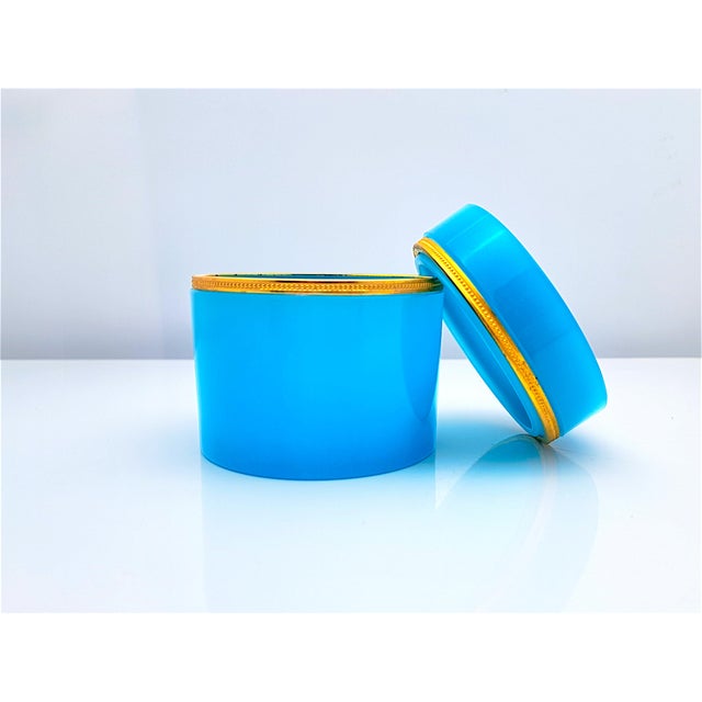 Large, cylindrical Murano opaline glass jewelry box, blue and turquoise in color. Material: Blue and turquoise opaline...