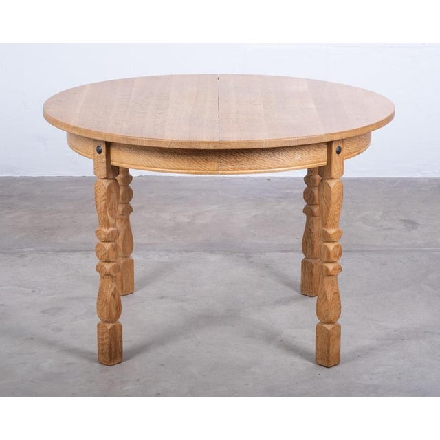 Brutalist Vintage Brutalist Round Oak Dining Table with Extensions by Henning Kjærnulf, 1960s For Sale - Image 3 of 11