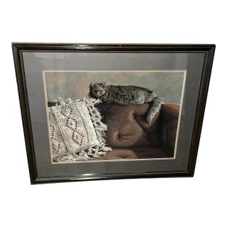Vintage 1980s Framed Kathleen Cook Pastel of Cat on Sofa For Sale