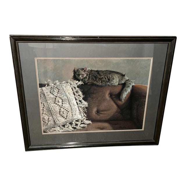 Vintage 1980s Framed Kathleen Cook Pastel of Cat on Sofa For Sale