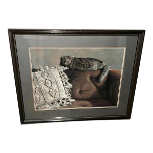 Vintage 1980s Framed Kathleen Cook Pastel of Cat on Sofa