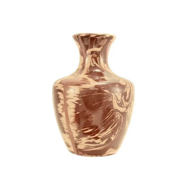 Tall nine inch deep shoulder shape studio art clay vase in a three tone swirled clay in tan and chocolate on cocoa brown...