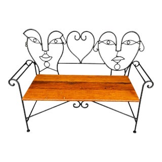 Vintage Metal and Wooden Jon Risley Figurative Bench For Sale