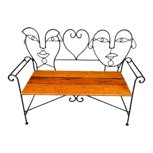 Vintage Metal and Wooden Jon Risley Figurative Bench For Sale