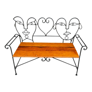 Vintage Metal and Wooden Jon Risley Figurative Bench