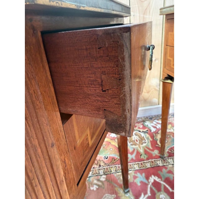 Louis XVI Bedside Tables in Marquetry and Marble by Maison Gouffé, 1950s, Set of 2 For Sale - Image 4 of 8