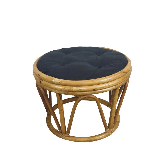 Mid-Century Modern Pair of 1970s Vintage Rattan and Bamboo Round Ottoman Footstools For Sale - Image 3 of 18