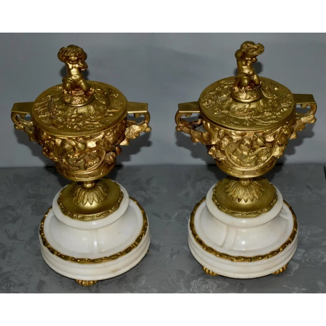 Late 19th Century Antique French Cassolette Urns 1880s Gilt Bronze Cherub Marble Vases Lids Pair For Sale - Image 5 of 12