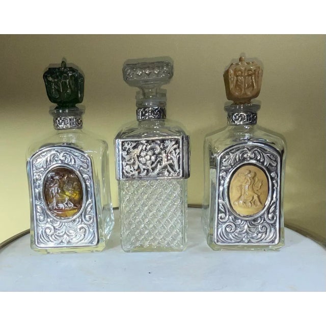 Art Deco Three Vintage Crystal Decanter Set With Silver Plate Tray For Sale - Image 3 of 11