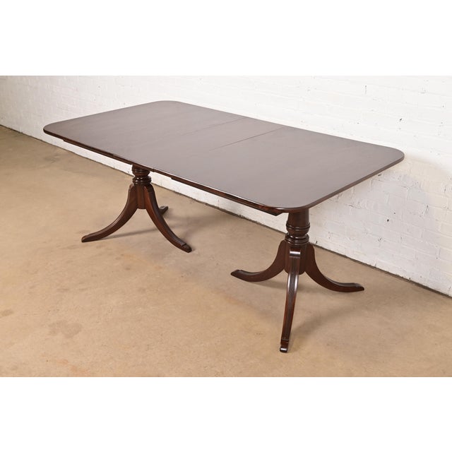 Baker Furniture Style Georgian Mahogany Double Pedestal Extension Dining Table, Newly Refinished For Sale - Image 13 of 13