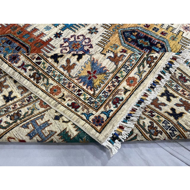 Ivory & Blue Sultani Natural Dye Wool Rug, Tribal Geometric Medallion Design, 6′10″ × 9′10″ For Sale - Image 12 of 14