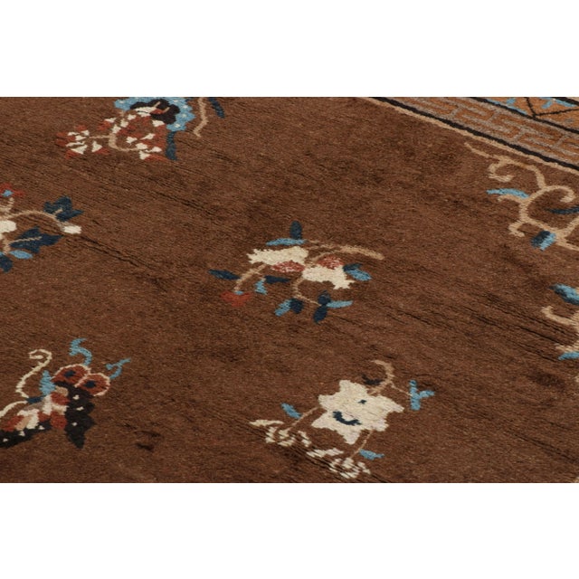 1940s Vintage Chinese Art Deco Rug in Brown With Medallion and Florals - Rug & Kilim For Sale - Image 5 of 7