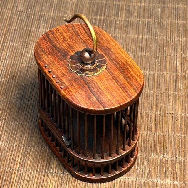 Wood Vintage Rosewood Cricket Cage | Small Oval Hanging Box | Asian Chinoiserie Decor For Sale - Image 7 of 9
