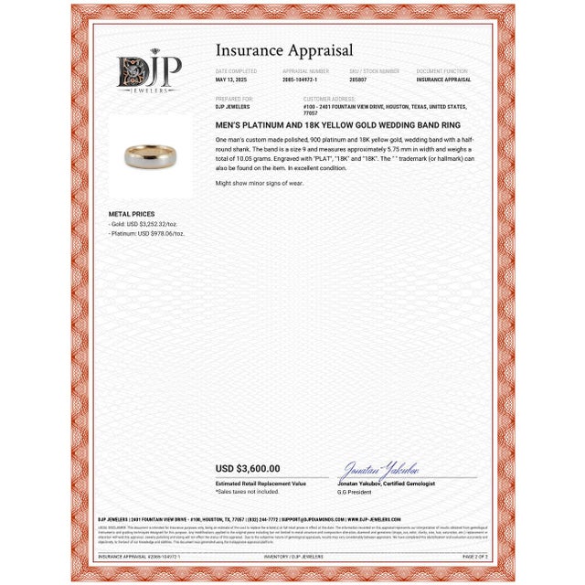 Metal Men’s Platinum and 18k Yellow Gold Wedding Band Ring, Size 9 For Sale - Image 7 of 7