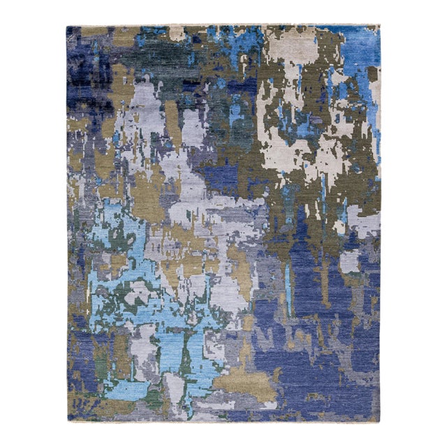 Modern Abstract Indian Handmade Blue Wool and Silk Rug For Sale