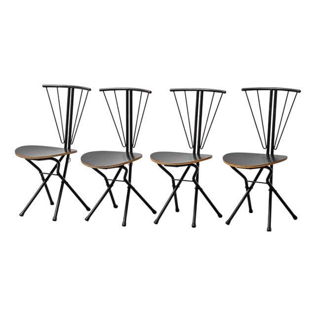 Vintage Folding Chairs in Wood and Metal, 1970s, Set of 4 For Sale