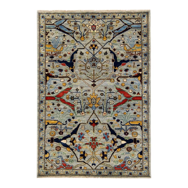Light Gray Modern Bidjar Style Handmade Designed Wool Rug For Sale