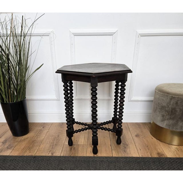 Gold Antique Italian Hexagonal Black Walnut Side Table with Bobbin Turned Legs, 1890s For Sale - Image 8 of 9
