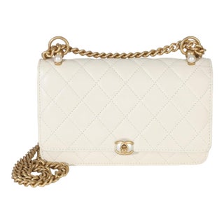 White Quilted Calfskin Pearl CC Wallet On Chain For Sale