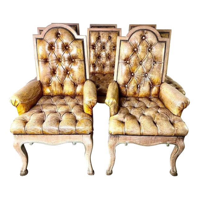 Set of Eight French Leather Tufted Dining Chairs C. 1940 For Sale