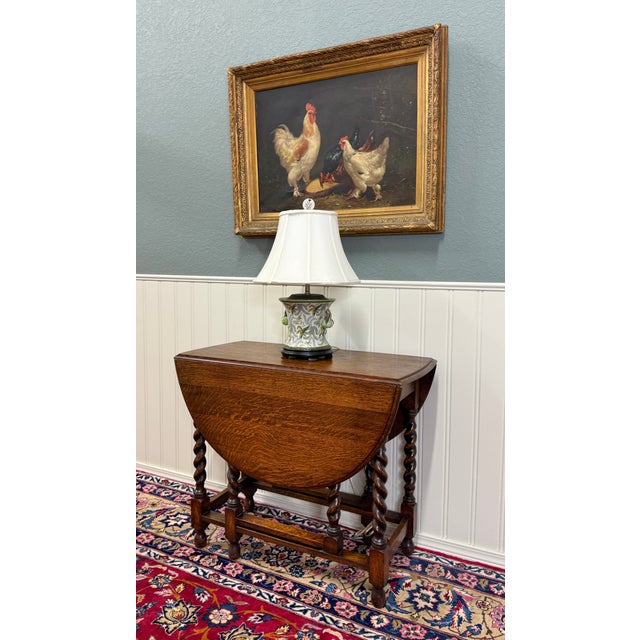 Antique English Table Drop Leaf Gateleg Barley Twist Oak Oval C. 1920-30s For Sale - Image 4 of 17