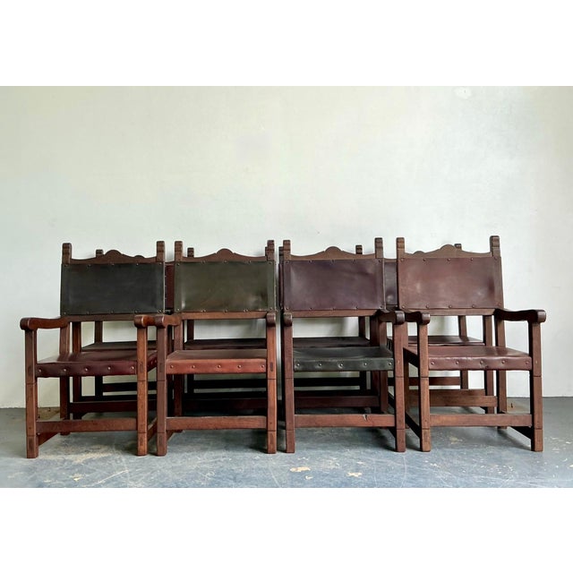 Vintage Spanish Leather and Wood Armchairs - Set of 6 For Sale - Image 11 of 14