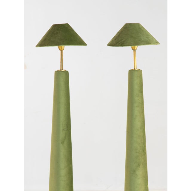 Art Deco Pair of Moss Green Velvet Floor Lamps, French Late 20th C. For Sale - Image 3 of 11