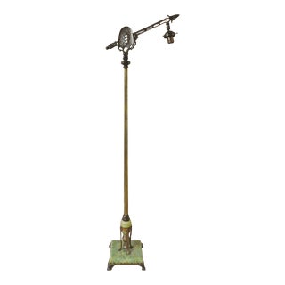Antique Early 20th Century Ornate Arrow Gold Metal Brass & Green Onyx Marble Bridge Floor Lamp For Sale