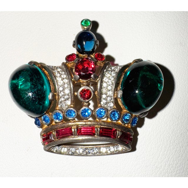 Alfred Philippe for Trifari, sterling silver crown-form brooch set with three large jelly belly cabochons to include two...
